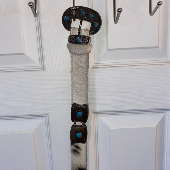 Vintage Spanish / Balearic Cowhide Belt with Turquoise and Silver Hardware - Picture 2 of 7